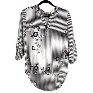 Black Rainn Black & Cream Stripe Floral High Low Casual 3/4 Sleeve Top Size S